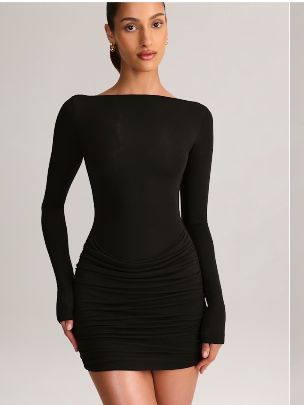 Oh Polly Black Boat-Neck Draped Long-Sleeve Mini Dress